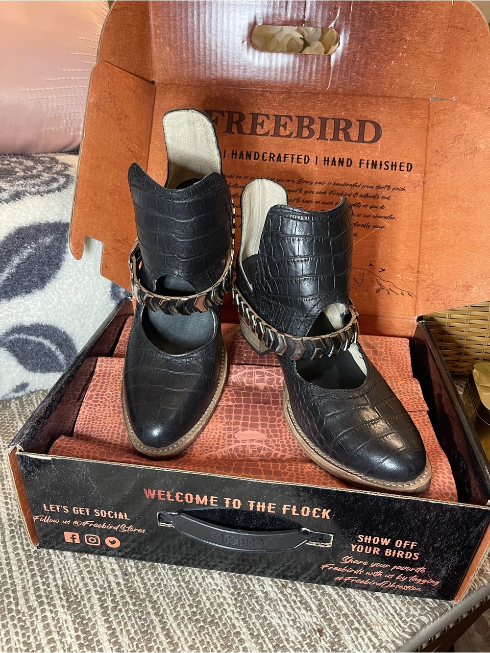 Freebird “Blade” Leather Cut Out Booties in Black Croc